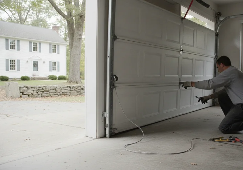 Garage door hanging crooked with one side lower and a roller out of the vertical track in a Connecticut garage