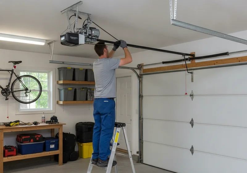 Technician on a stepladder testing a ceiling-mounted belt-drive garage door opener in an attached Connecticut garage