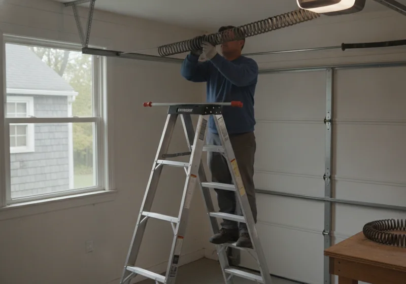 Technician on a ladder fitting a new torsion spring on the steel shaft above a white sectional garage door in a Connecticut garage