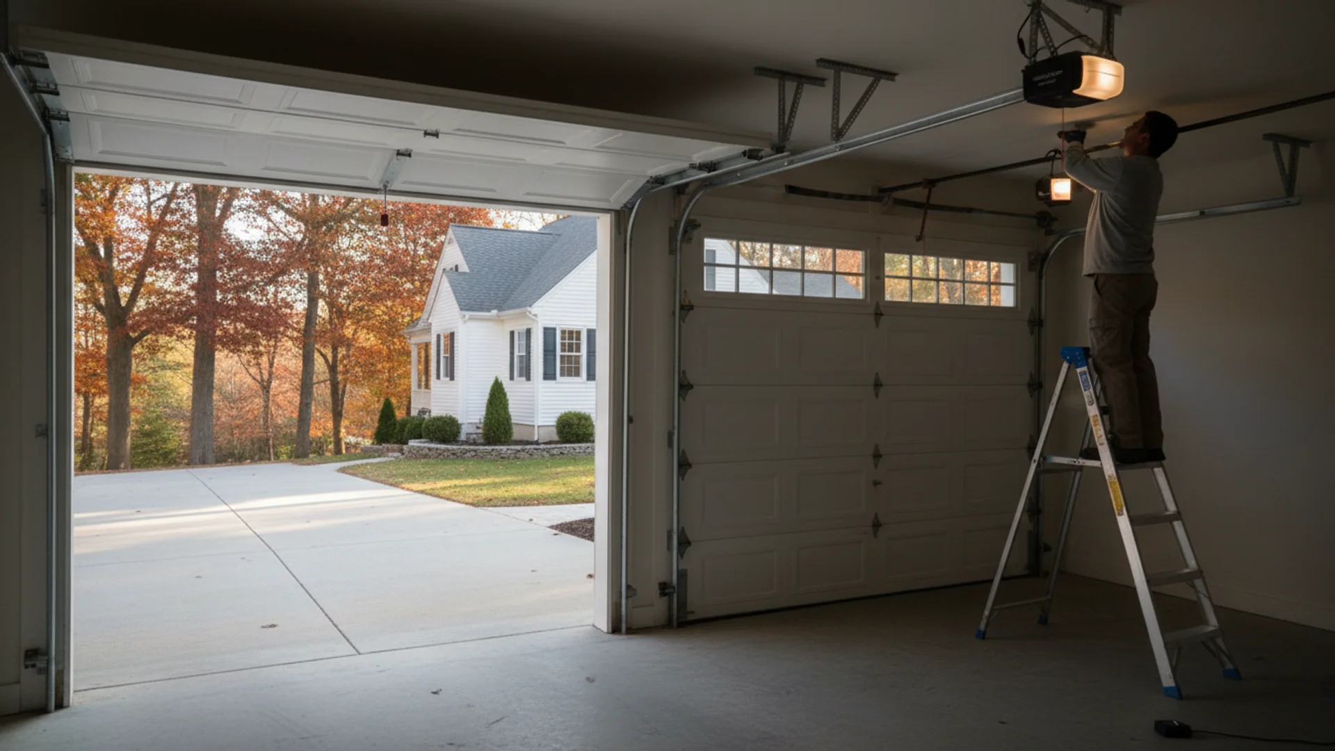 Garage door technician on a stepladder working on the ceiling opener in a two-car garage, a white Connecticut cape and autumn trees outside